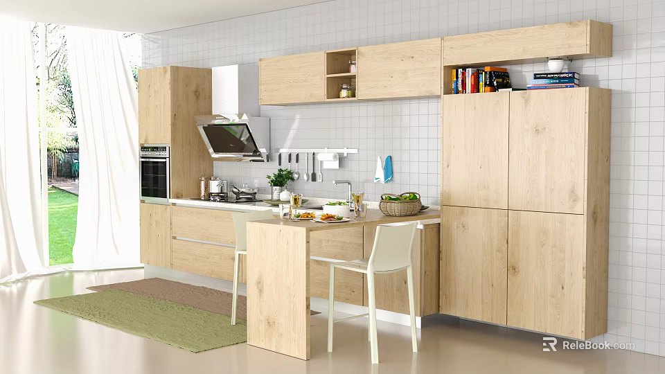Modern Kitchen Interior With Light Wood Cabinets Island Counter And Storage 3d model 