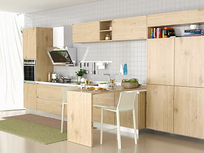 Modern Kitchen Interior With Light Wood Cabinets Island Counter And Storage 3d model