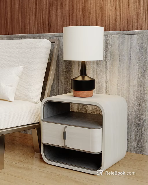 Stylish Table Lamp on Light Nightstand with Wooden Texture Wall White Lampshade and Brown Base 3d model 