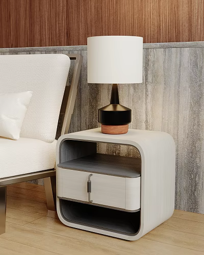 Stylish Table Lamp on Light Nightstand with Wooden Texture Wall White Lampshade and Brown Base 3d model