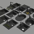 Various Shapes of Kitchen Sinks with Faucets Drain Boards and Decorative Elements