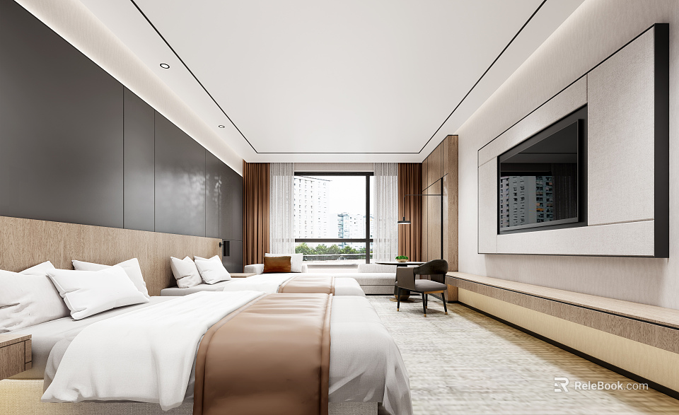 Modern Hotel Room With Twin Beds And City View 3d model 