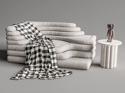 Gray Sectional Sofa Stacked With Black White Checkered Blanket And Small Round Table Teddy Bear 3d model