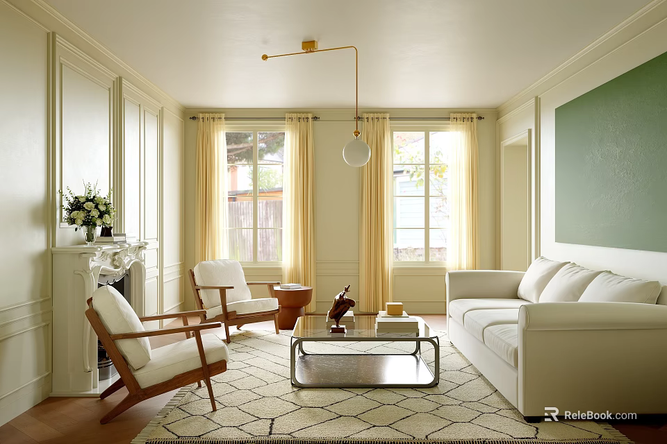 Cozy Living Room Interior With White Sofa Two Armchairs Glass Coffee Table And Yellow Curtains 3d model 
