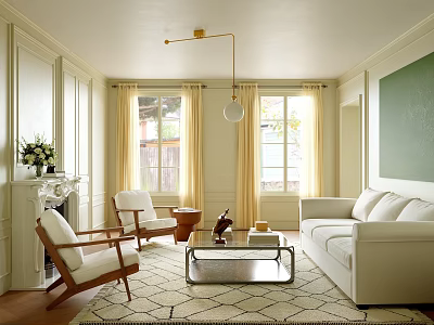 Cozy Living Room Interior With White Sofa Two Armchairs Glass Coffee Table And Yellow Curtains 3d model