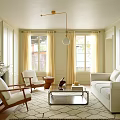 Cozy Living Room Interior With White Sofa Two Armchairs Glass Coffee Table And Yellow Curtains