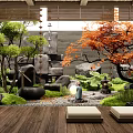 Zen Courtyard Garden With Red Maple Tree Stone Lanterns Rock Formations And Wooden Flooring