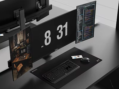 Multi Monitor Computer Workstation Setup With Gaming And Coding Screens Keyboard Mouse 3d model
