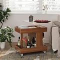 Cozy Modern Living Room Wooden Side Table with White Top Wheels Storage Shelves and Decorative Items