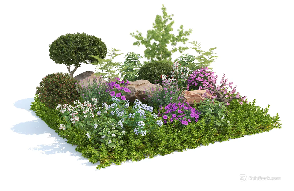 Roadside Facilities Featuring Lush Green Plants Bushes Colorful Flowers And Stones 3d model 