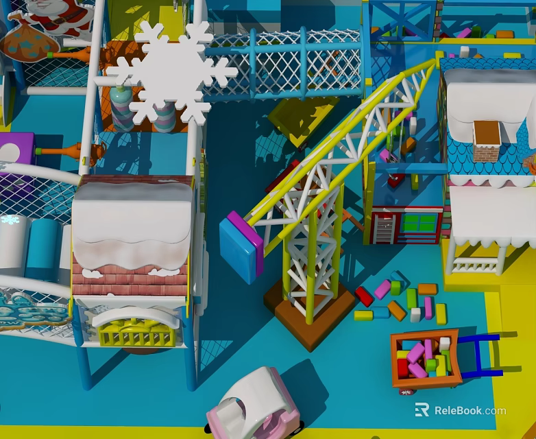 Colorful Commercial Kids Play Equipment with Slide Climbing Net Building Blocks and Trolley 3d model 