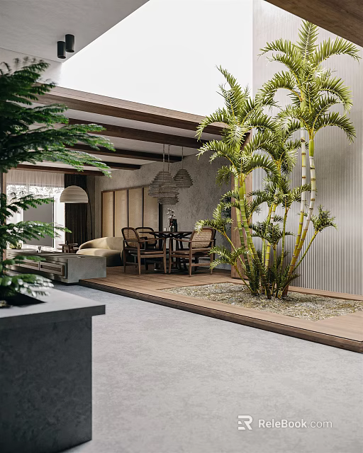 Modern Open Concept Living and Dining Room with Wooden Furniture Green Plants and Hanging Lights 3d model 