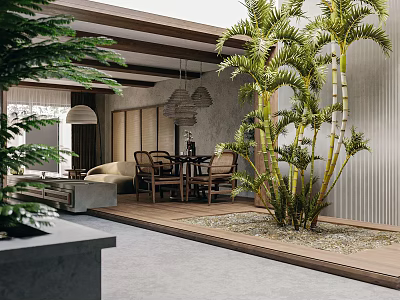 Modern Open Concept Living and Dining Room with Wooden Furniture Green Plants and Hanging Lights 3d model