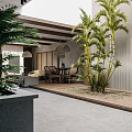 Modern Open Concept Living and Dining Room with Wooden Furniture Green Plants and Hanging Lights