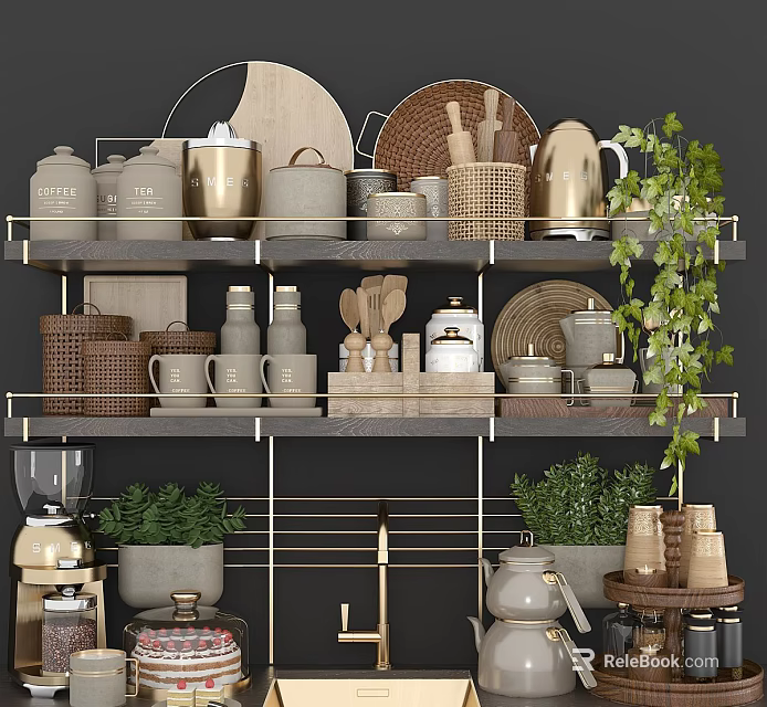 Elegant Dinnerware Set Display On Wooden Metal Kitchen Shelf With Green Plants 3d model 
