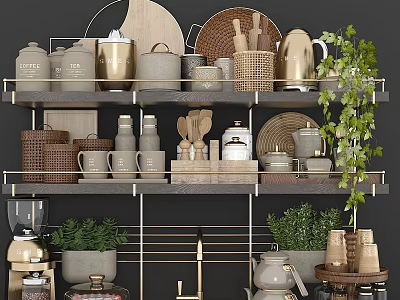 Elegant Dinnerware Set Display On Wooden Metal Kitchen Shelf With Green Plants 3d model