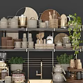 Elegant Dinnerware Set Display On Wooden Metal Kitchen Shelf With Green Plants