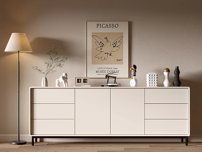 White Dresser With Drawers Adorned With Decorative Items Near Floor Lamp And Picasso Poster 3d model