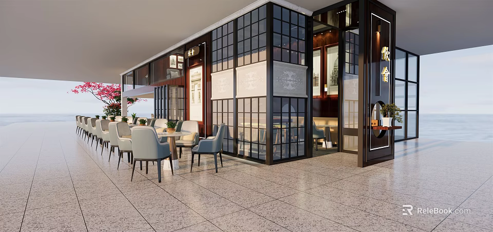 Modern Restaurant Interior With Glass Facade And Comfortable Dining Seating 3d model