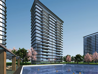 Modern High Rise Residential Building With Swimming Pool Cherry Blossom Trees And Blue Sky 3d model