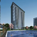 Modern High Rise Residential Building With Swimming Pool Cherry Blossom Trees And Blue Sky