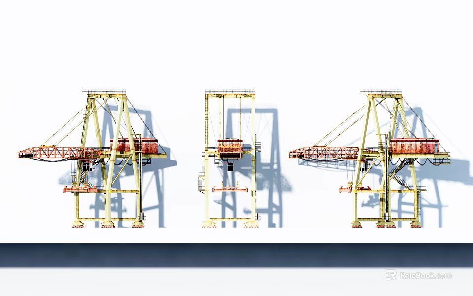 Three Industrial Cranes With Yellow Frame And Red Lifting Components For Port Operations 3d model 