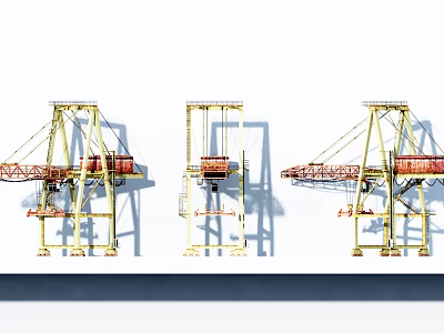 Three Industrial Cranes With Yellow Frame And Red Lifting Components For Port Operations 3d model