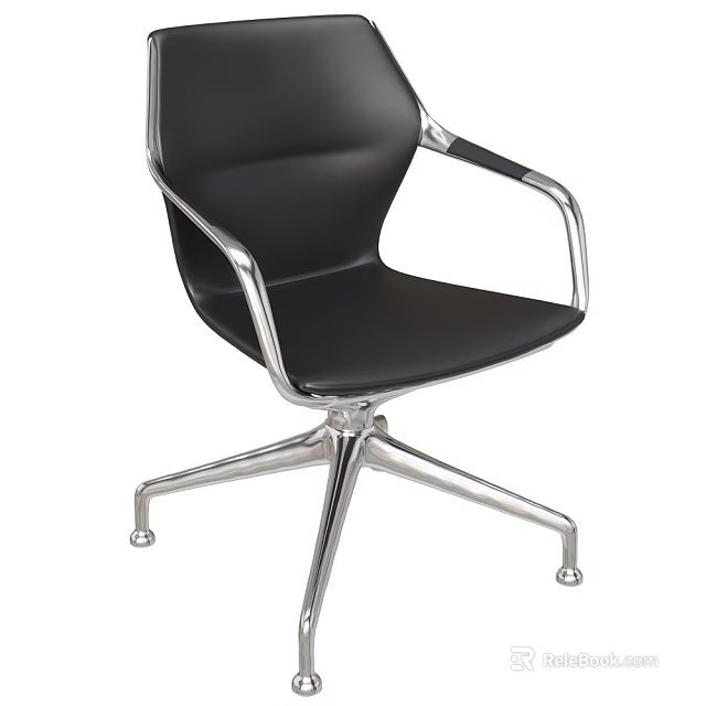 Black Leather Office Chair With Metal Frame And Swivel Five Wheel Base Design 3d model 