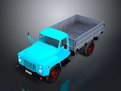 Blue Classic Dump Truck With Open Cargo Bed And Red Wheels 3d model