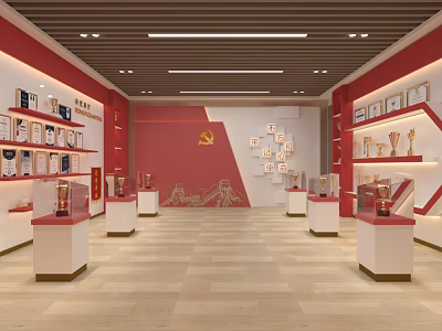 Red Honor Exhibition Hall Interior With Display Cabinets Trophies Medals And Communist Party Emblem 3d model