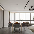 Modern Living and Dining Room With Sofa Dining Table Projector and Floor to Ceiling Windows