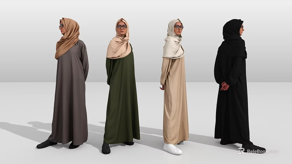 Four women wearing different colored hijab and abayas standing side by side 3d model 