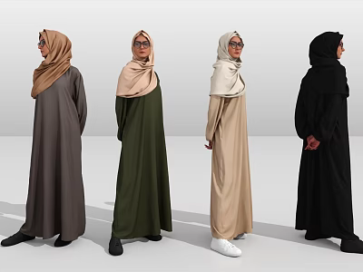 Four women wearing different colored hijab and abayas standing side by side 3d model