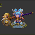 Poppy The Champion Chibi Game Character With Blue Hair White Ears Hammer And Shield