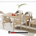 Modern Dining Table Set with Six Light Colored Chairs Wooden Tabletop and Fruits Vase Plant