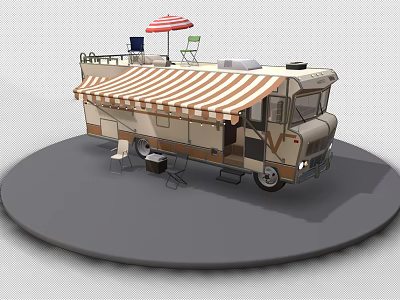 Camper Van Featuring Red White Striped Awning Outdoor Umbrella And Chairs 3d model