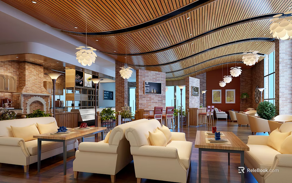 Warm Café Interior With Curved Wooden Ceiling Pendant Lights Beige Sofas And Brick Walls 3d model 
