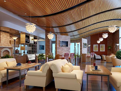 Warm Café Interior With Curved Wooden Ceiling Pendant Lights Beige Sofas And Brick Walls 3d model