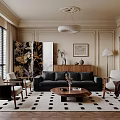 Elegant Living Room Interior With Beige Walls Paneling Pendant Light Brown Sofa Armchairs Geometric Rug