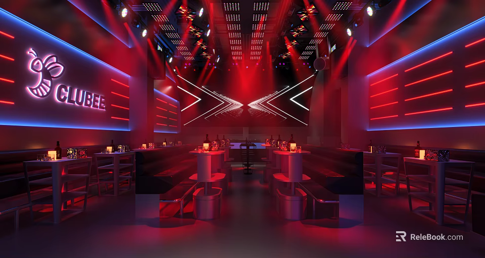 Modern Bar Interior Design With Red Blue Lighting Neon Signs And Comfortable Seating 3d model