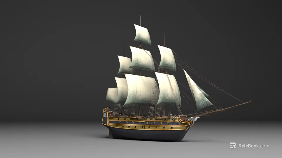 Classical Sailing Warship Featuring Multiple White Sails And Yellow Black Hull Structure 3d model 