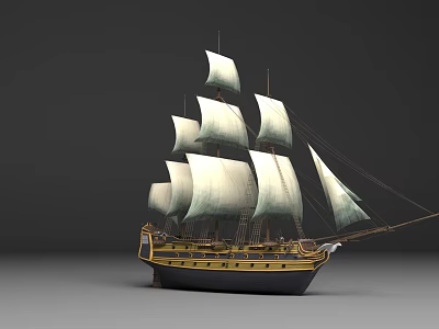 Classical Sailing Warship Featuring Multiple White Sails And Yellow Black Hull Structure 3d model
