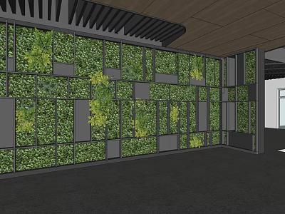 Green Vine Covered Wall With Gray Panels Wooden Ceiling And Black Flooring 3d model