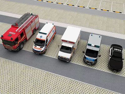 Fire Truck Ambulance Van Police Car And Sedan Parked In Lineup On Road 3d model