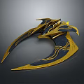 Futuristic Cosmic Spacecraft With Gold Navy Blue Design Streamlined Wings And Intricate Patterns