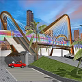 Illuminated Modern Curved Bridge With Colorful Panels Over Urban Road By Skyscrapers