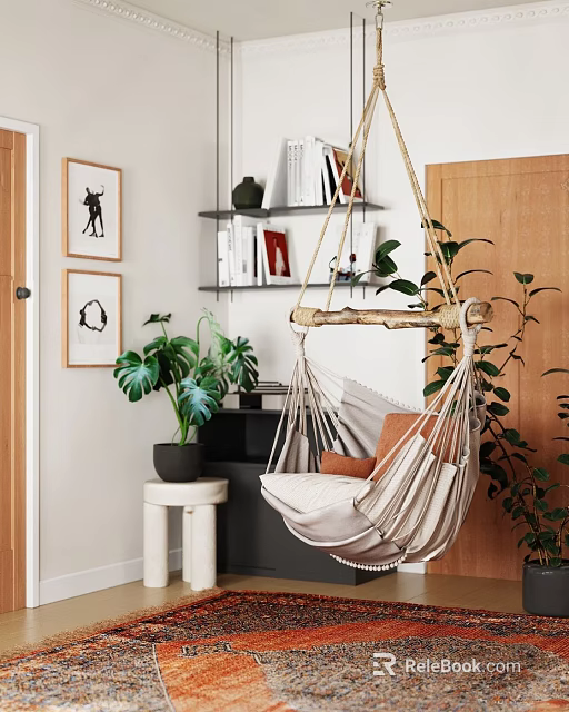 Cozy Indoor Hammock Chair With Macramé Design Green Plants And Wall Art Shelves 3d model 