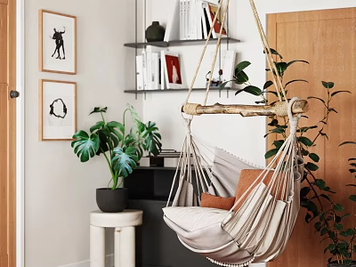 Cozy Indoor Hammock Chair With Macramé Design Green Plants And Wall Art Shelves 3d model