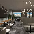 Modern Restaurant Interior With Hanging Lights Booths Tables Chairs Green Plants And Windows