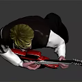 Man With Blonde Hair Wearing Glasses White Shirt Black Vest And Red Electric Guitar